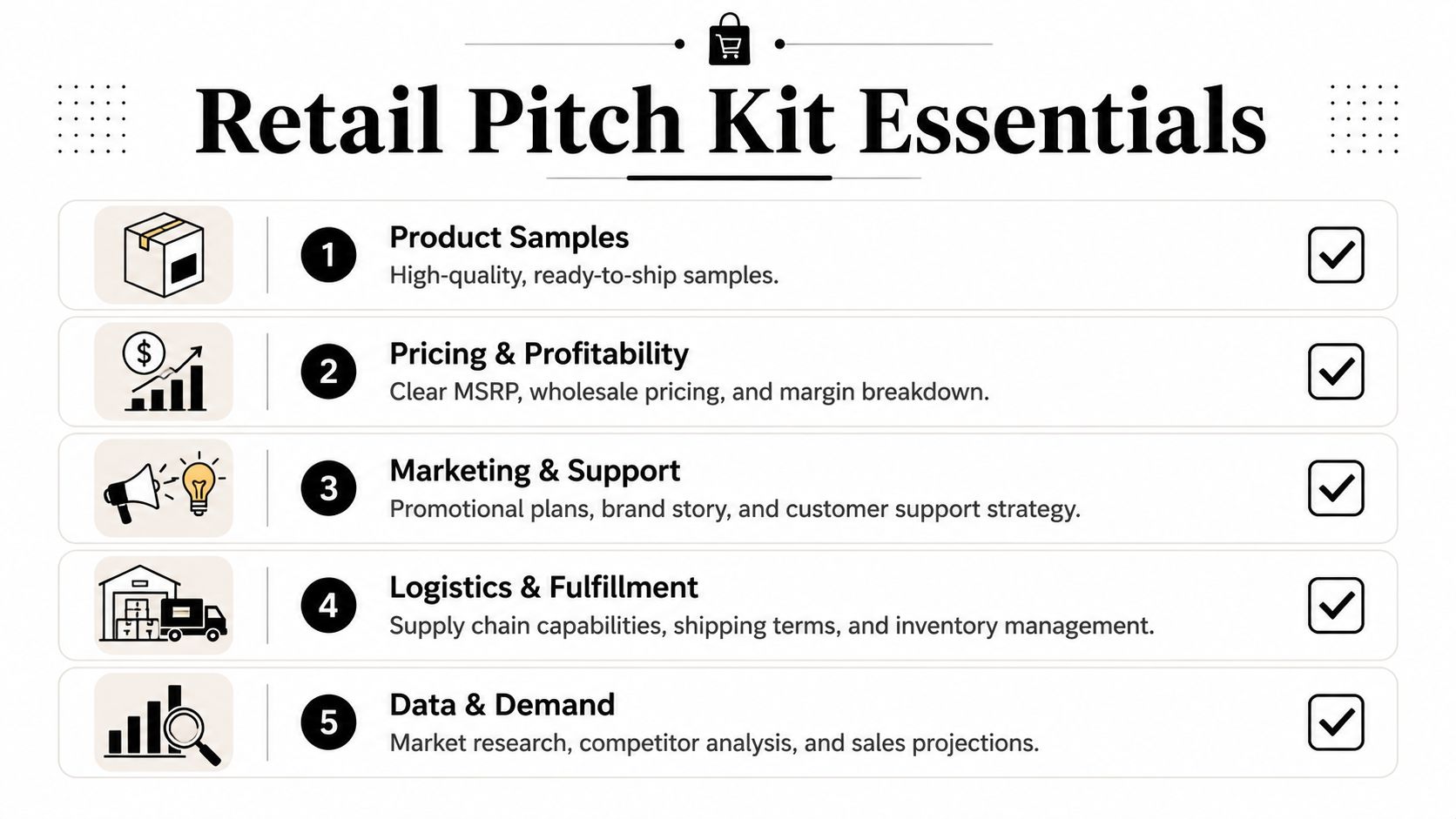 A checklist infographic titled Retail Pitch Kit Essentials outlining five key requirements for getting products into retail stores.