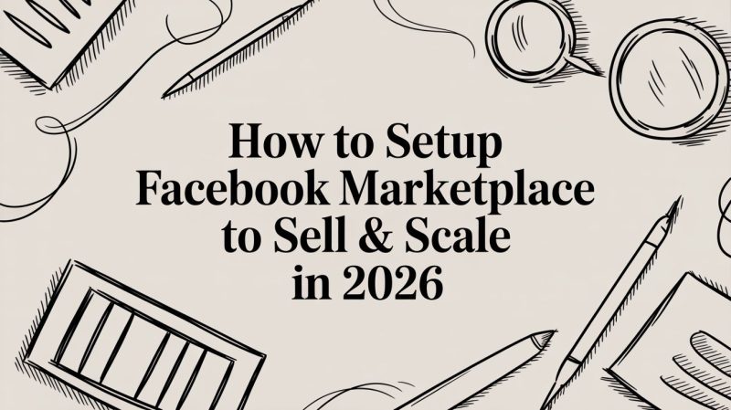 how-to-setup-facebook-marketplace-hand-drawn-illustration - EntreResource.com Informational banner showing hand-drawn desk items around the title: How to Setup Facebook Marketplace to Sell & Scale in 2026.