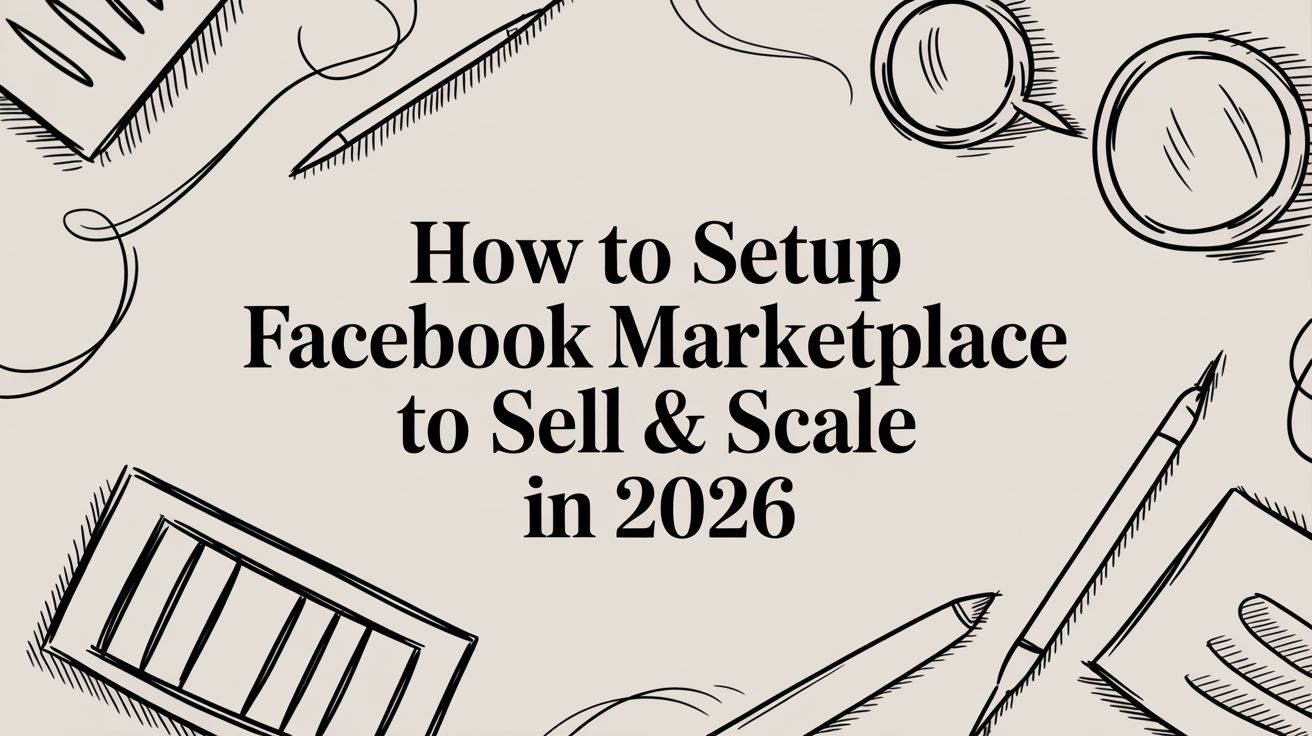 how-to-setup-facebook-marketplace-hand-drawn-illustration - EntreResource.com Informational banner showing hand-drawn desk items around the title: How to Setup Facebook Marketplace to Sell & Scale in 2026.