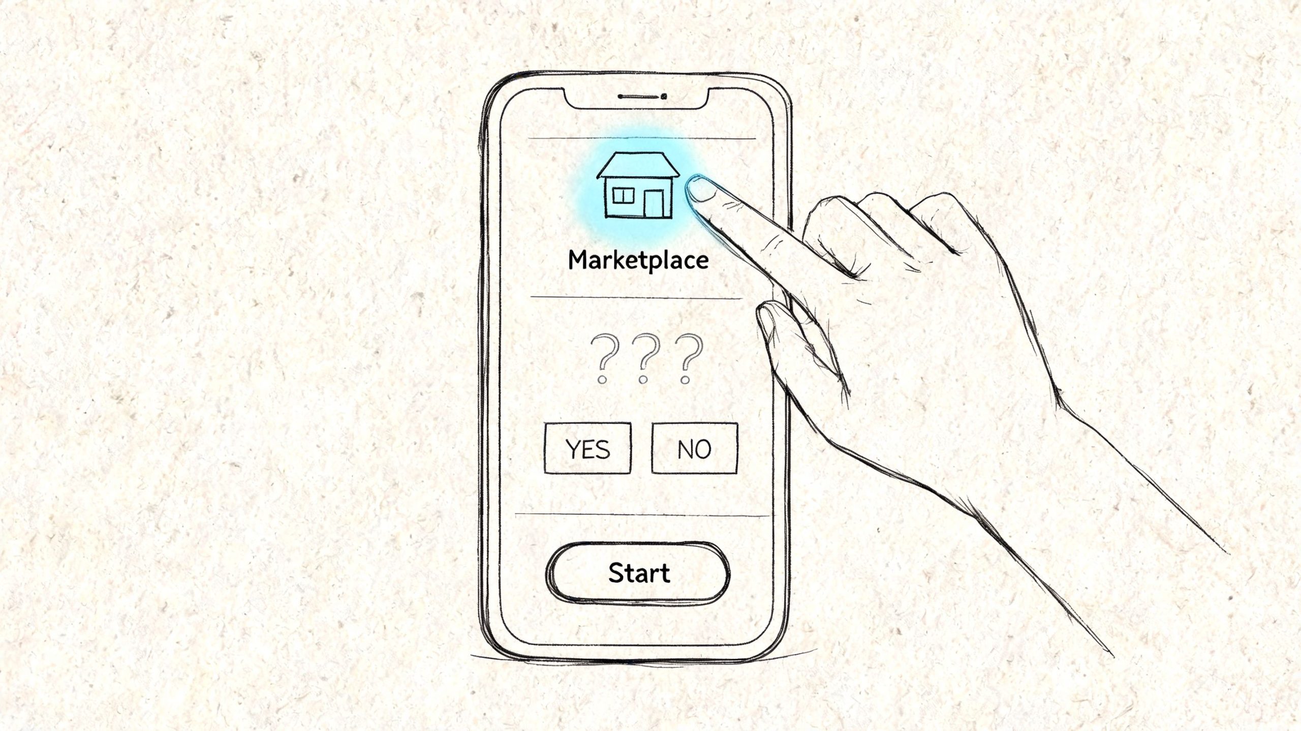 A hand touches the Marketplace icon on a smartphone screen depicted in a sketch style illustration.