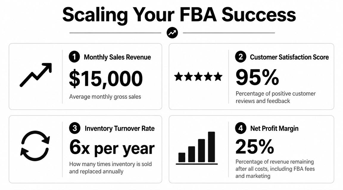 An infographic showing four key performance indicators for scaling a successful Amazon FBA business.