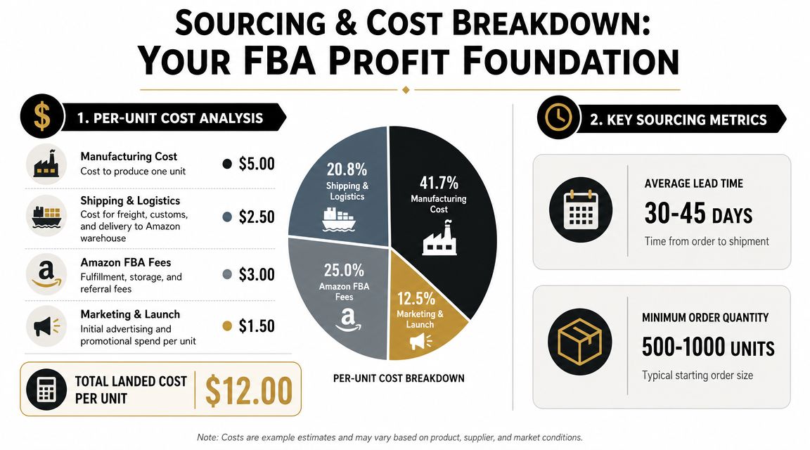 An infographic detailing the per-unit cost analysis and key sourcing metrics for Amazon FBA businesses.