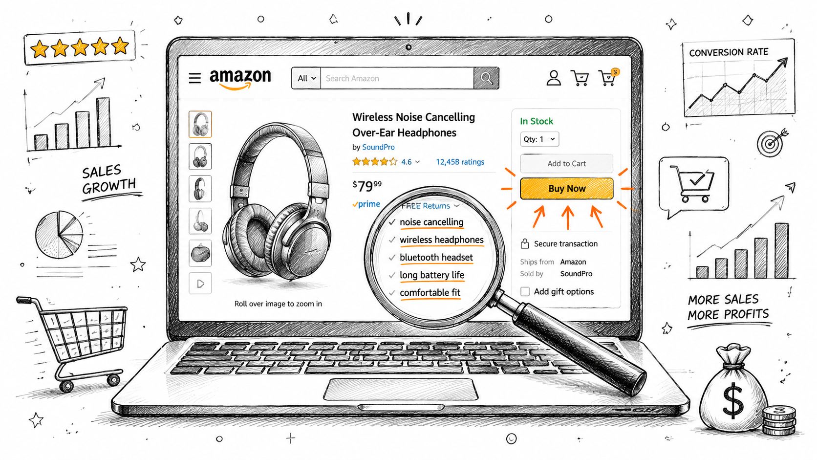 A digital illustration of an Amazon product page featuring headphones with a magnifying glass showing key benefits.
