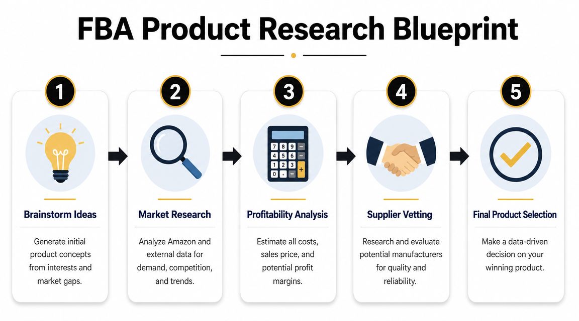 A five step infographic illustrating the FBA product research process for successful Amazon business planning and strategy.