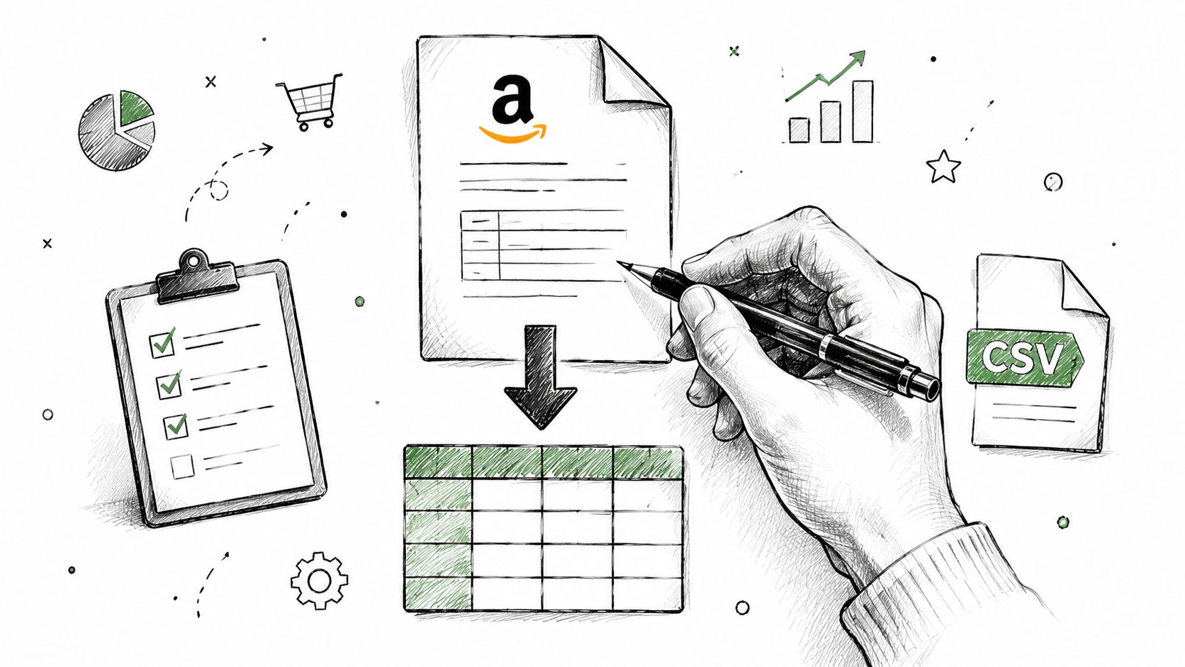 A hand holding a pen illustrates the process of converting Amazon purchase documents into organized data tables.