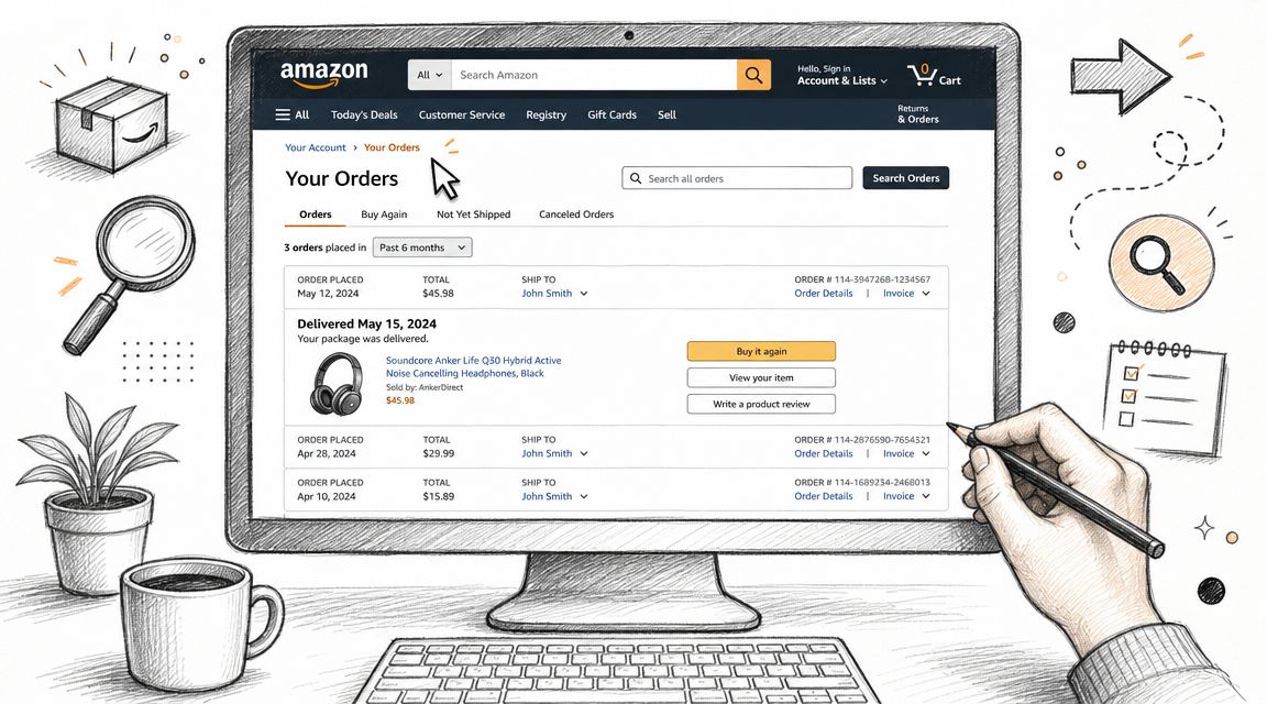 A sketched illustration of a computer monitor displaying an Amazon Your Orders page with a hand holding a pencil.