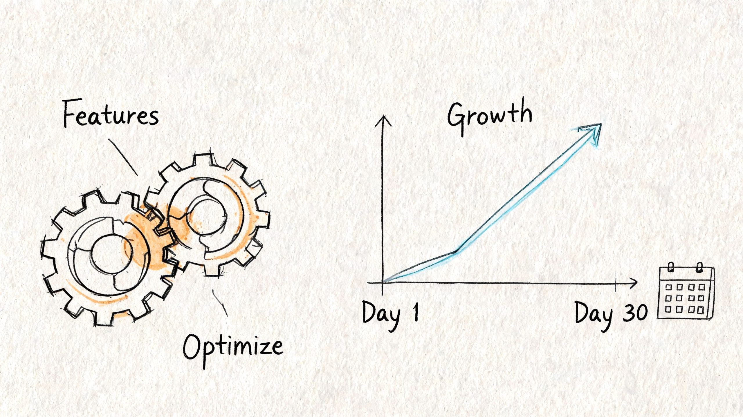 A hand-drawn sketch showing two interlocking gears and a growth chart representing business optimization and development.