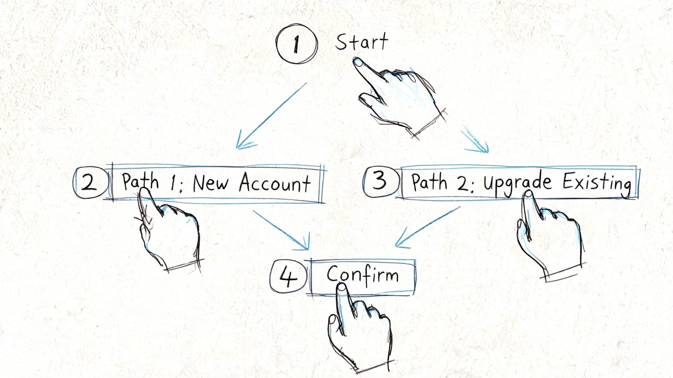 A hand-drawn flowchart illustrating a user decision path between creating a new account or upgrading an existing one.