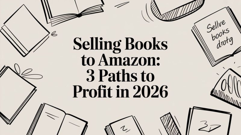Center text reads: 'Selling Books to Amazon: 3 Paths to Profit in 2026' surrounded by hand-drawn open books on a beige background.
