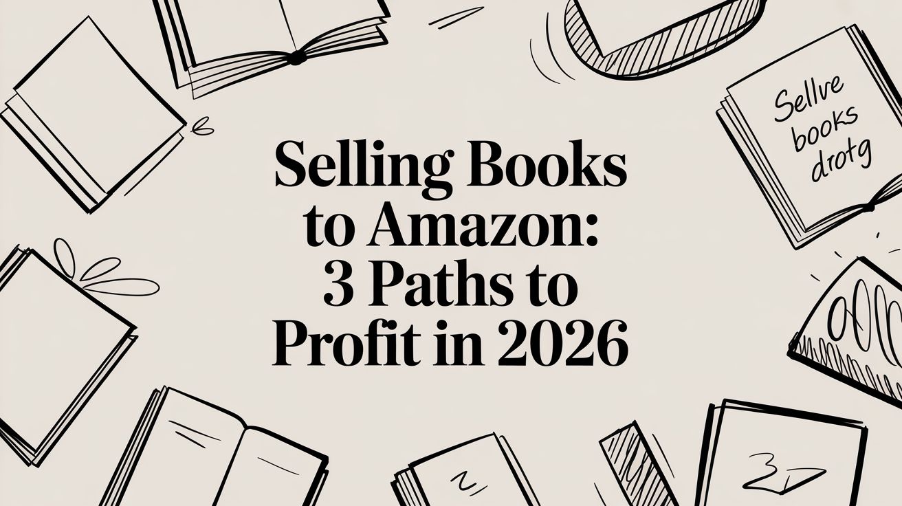 selling-books-to-amazon-book-illustration - EntreResource.com Center text reads: 'Selling Books to Amazon: 3 Paths to Profit in 2026' surrounded by hand-drawn open books on a beige background.