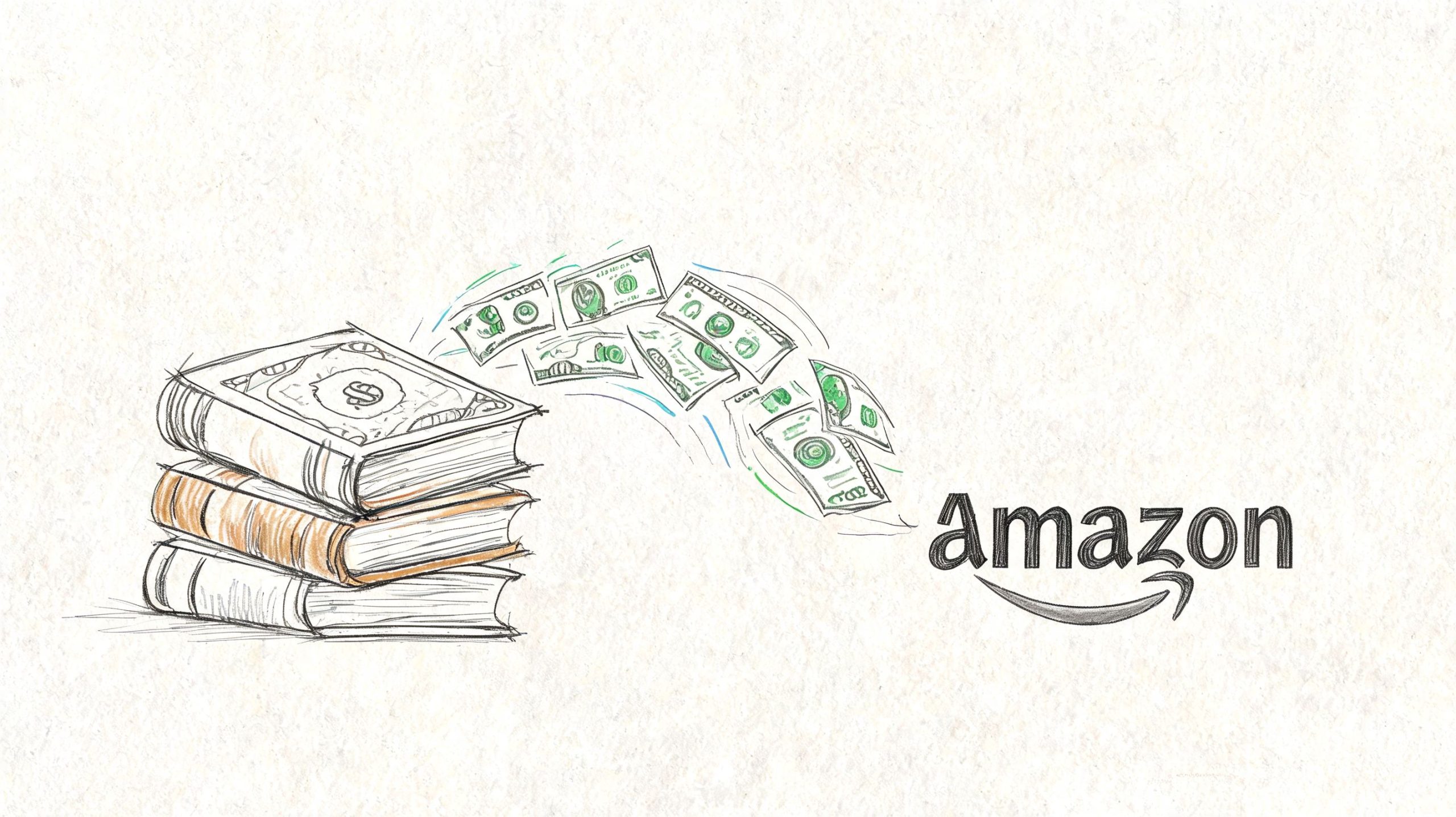 A hand-drawn illustration showing a stack of books with money flying towards the Amazon company logo.