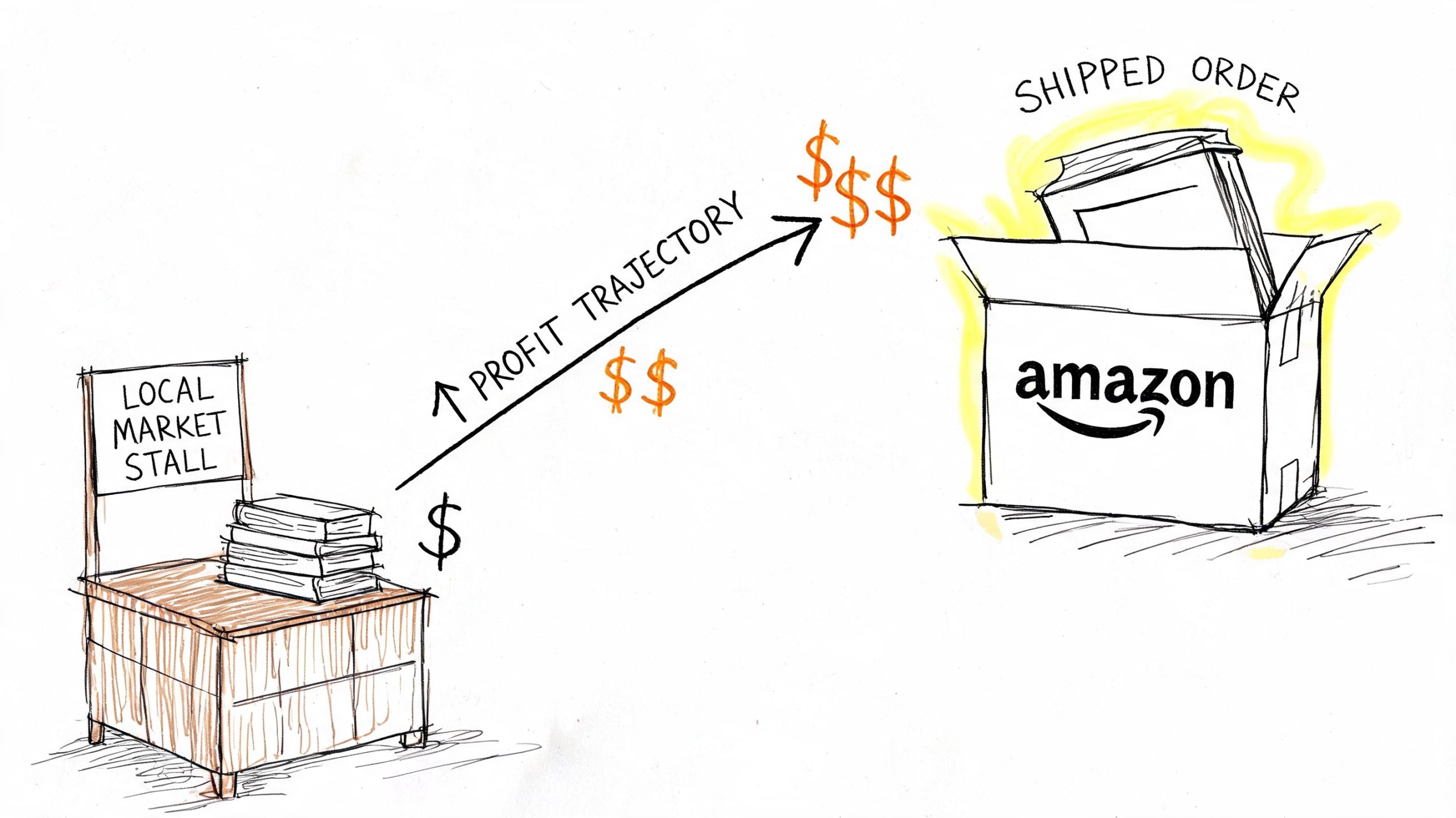 A hand-drawn illustration showing books moving from a local market stall to an Amazon shipping box.
