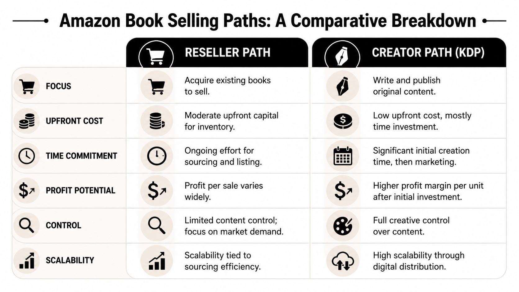 A comparison chart showing the differences between reselling existing books and creating content for Amazon KDP.