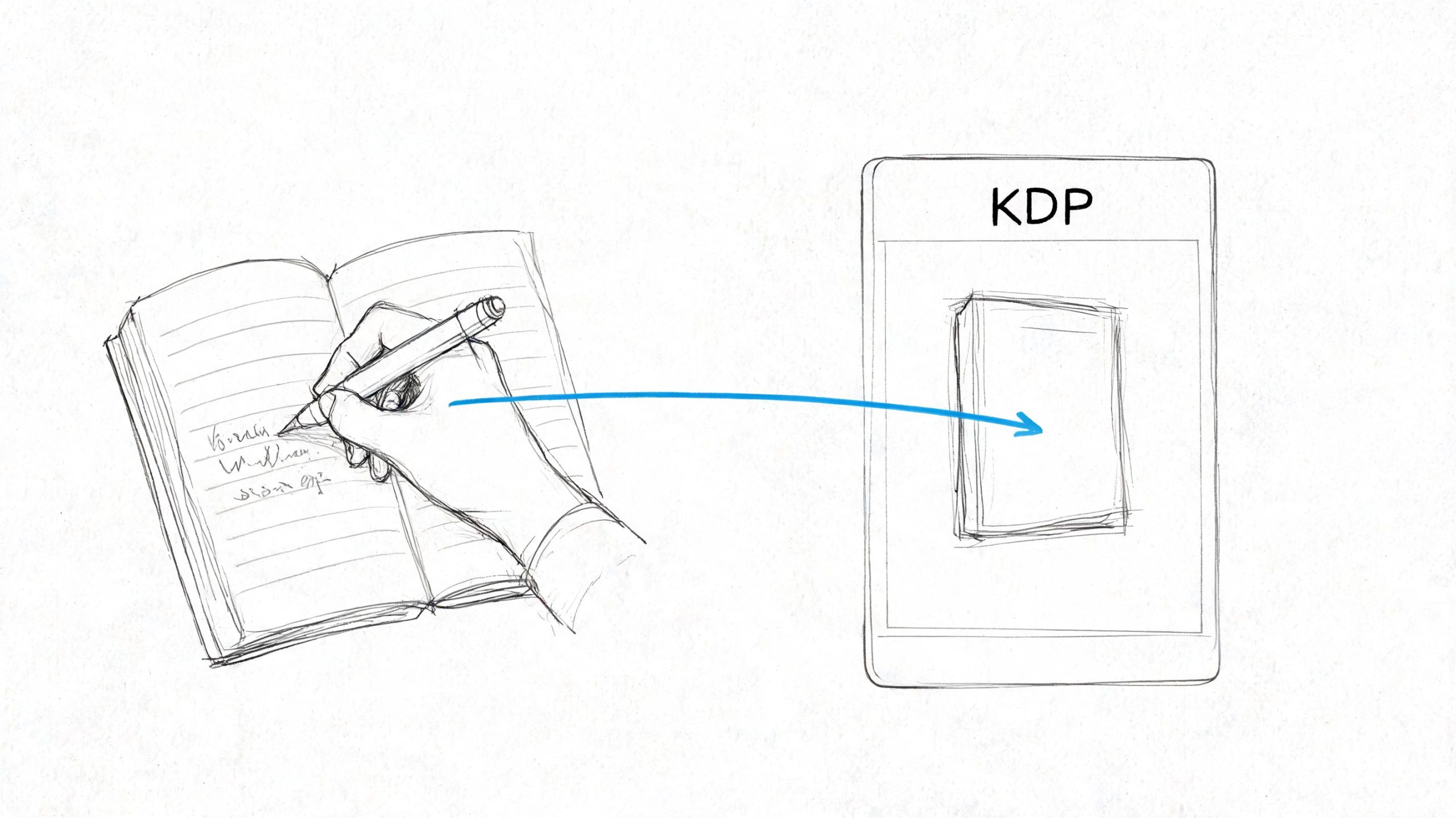 A hand writing in a notebook being transferred digitally to a KDP publishing platform book interface.