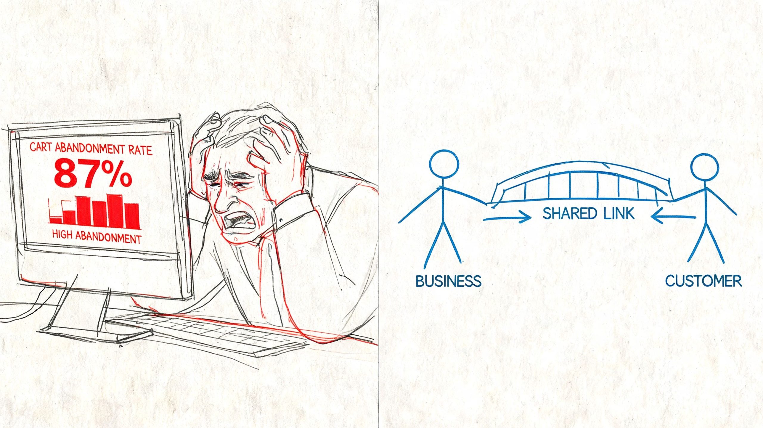 A distressed businessman looking at a screen showing high cart abandonment and a diagram showing a bridge.