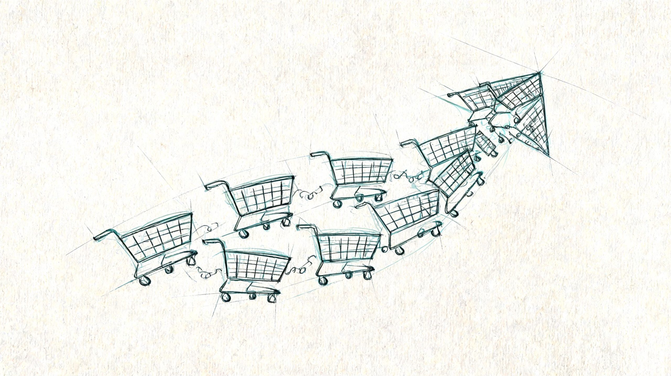 A conceptual sketch showing several connected shopping carts forming an upward-pointing arrow on a paper texture.