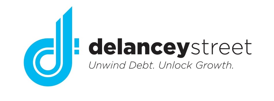 Delancey Street logo with a blue circular icon and the text 'delancey street' plus the tagline 'Unwind Debt. Unlock Growth.'