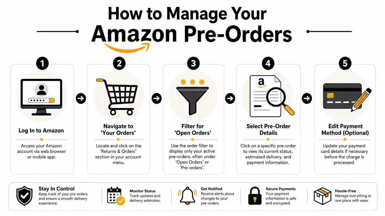An infographic detailing five simple steps to manage and update Amazon pre-order settings on your account.