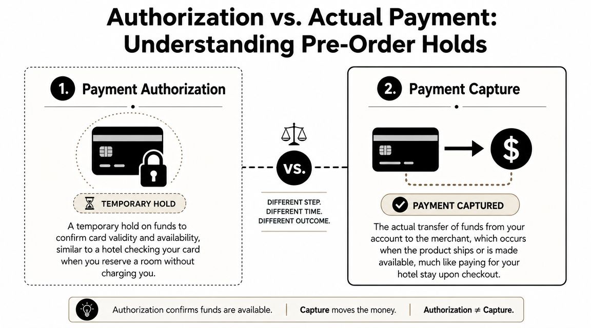 An infographic explaining the difference between payment authorization and payment capture for pre-order transactions.