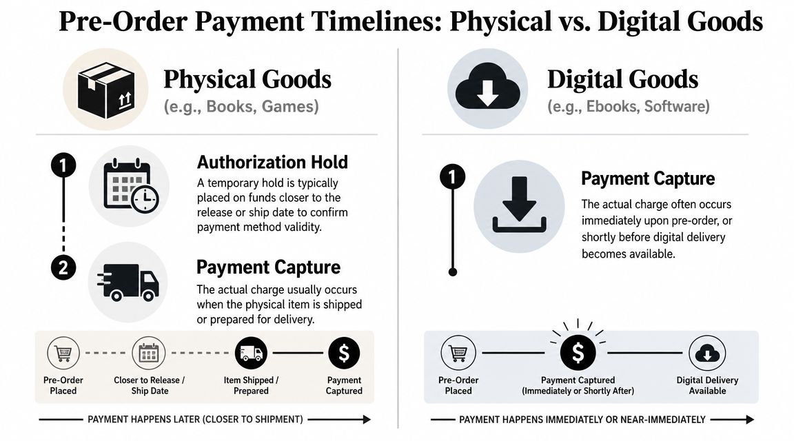 A comparison infographic showing payment timelines for pre-ordering physical goods versus digital goods and software.