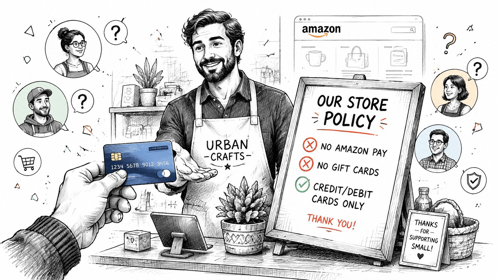 A store owner in an apron explaining a credit-only payment policy to a customer at his shop.