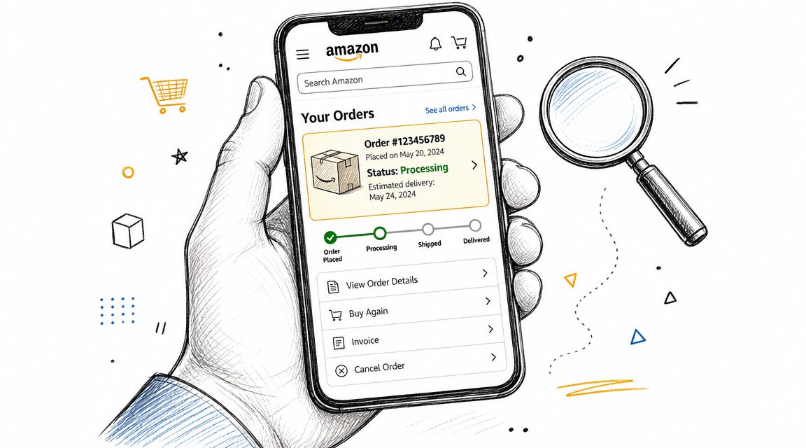 A hand holding a smartphone showing the Amazon mobile app order tracking screen for a recent purchase.