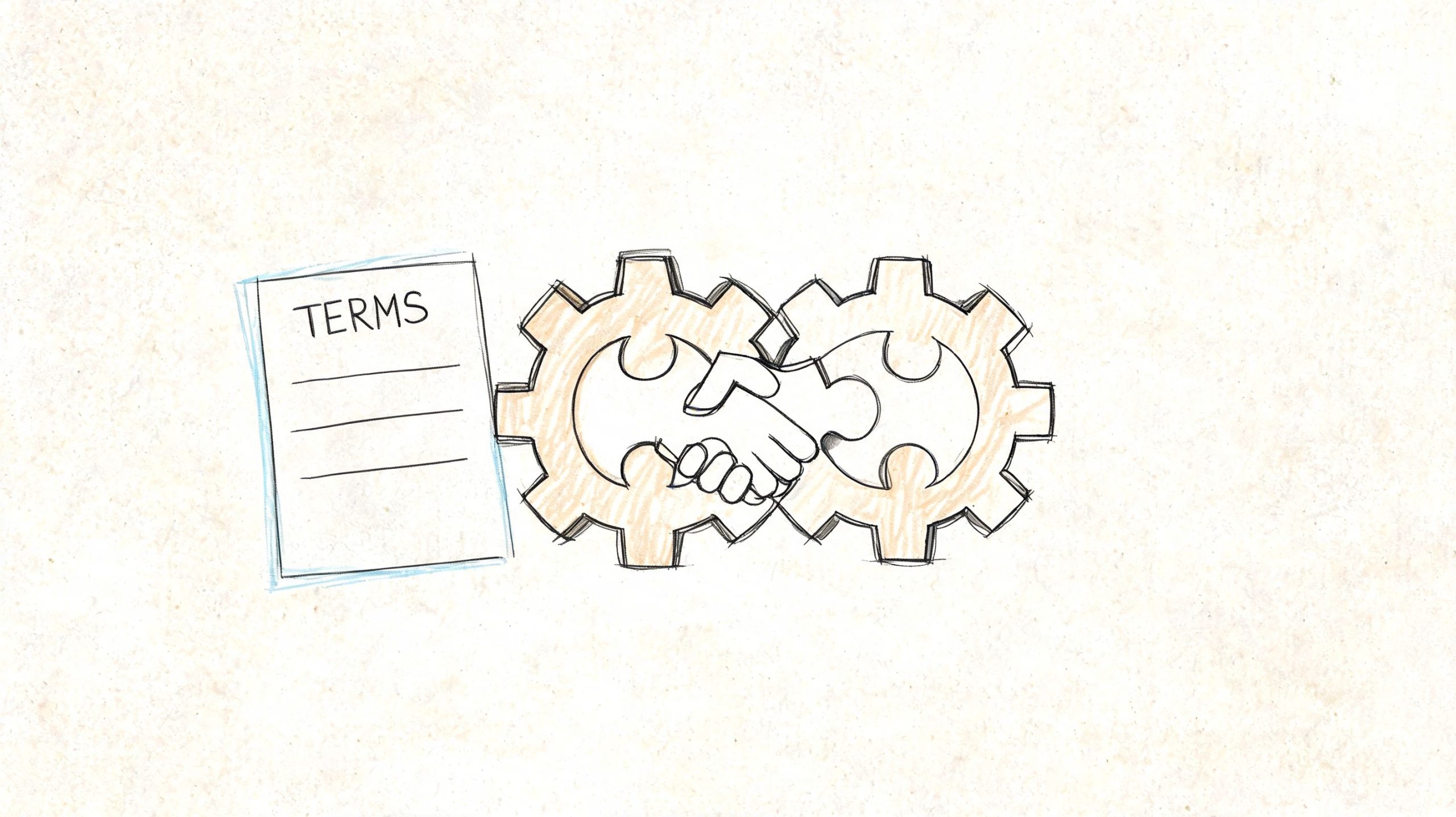 A conceptual sketch illustration showing a document labeled Terms and two interlocking gears with a handshake.
