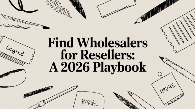 Beige poster with doodled pencils framing bold title: 'Find Wholesalers for Resellers: A 2026 Playbook'.