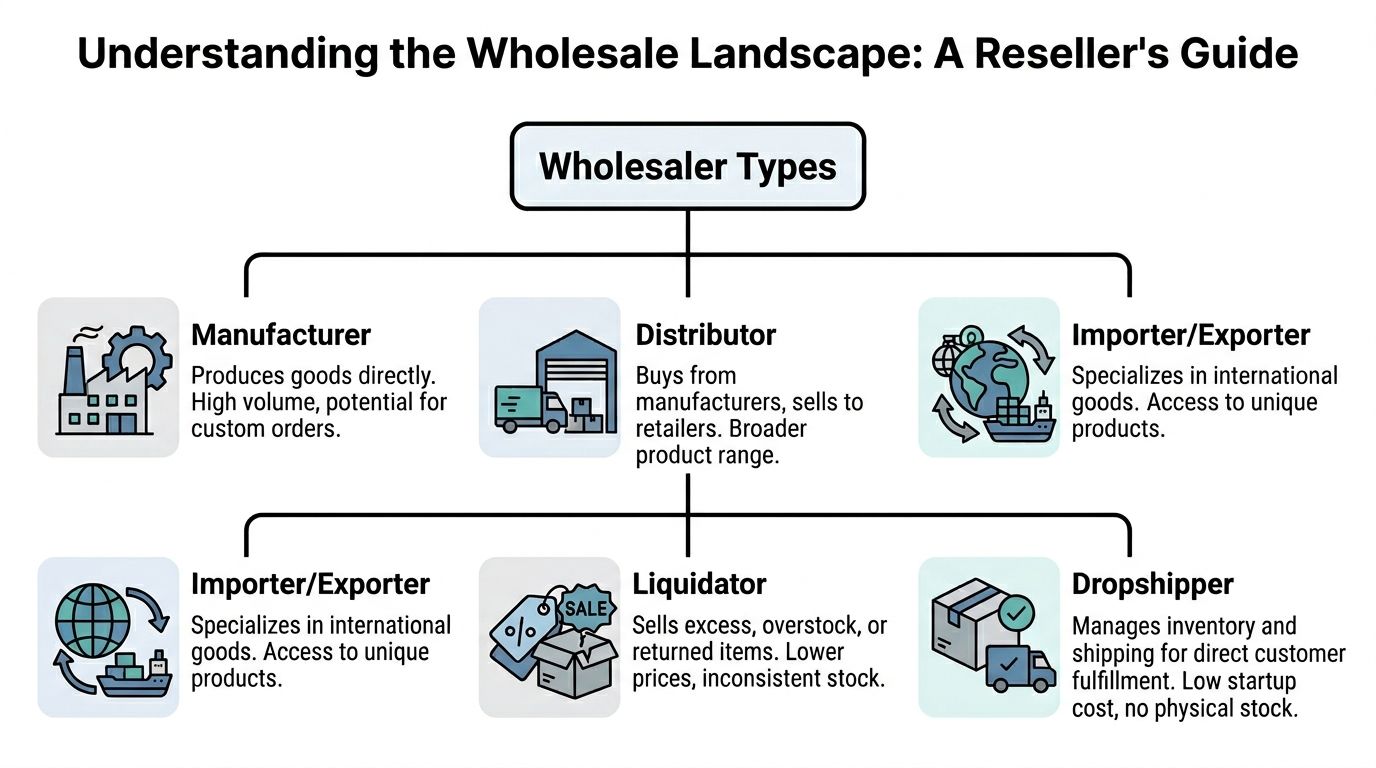 A flowchart infographic titled Understanding the Wholesale Landscape, displaying types of wholesalers including manufacturers, distributors, and liquidators.