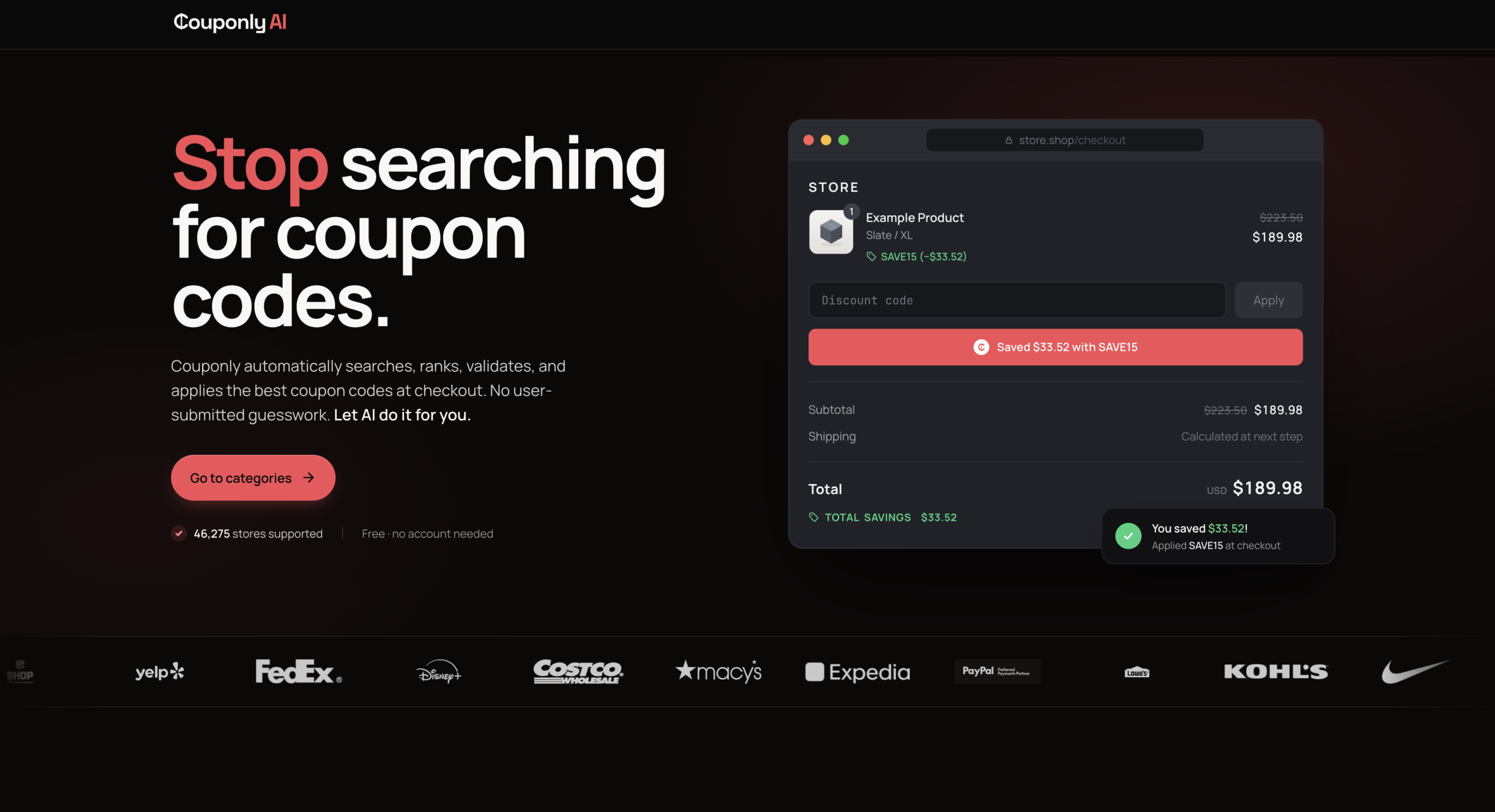 Couponly AI - EntreResource.com Bold hero banner: 'Stop searching for coupon codes' text with a dark gradient background and a right-side checkout mockup panel showing discounts and a code SAVE15.