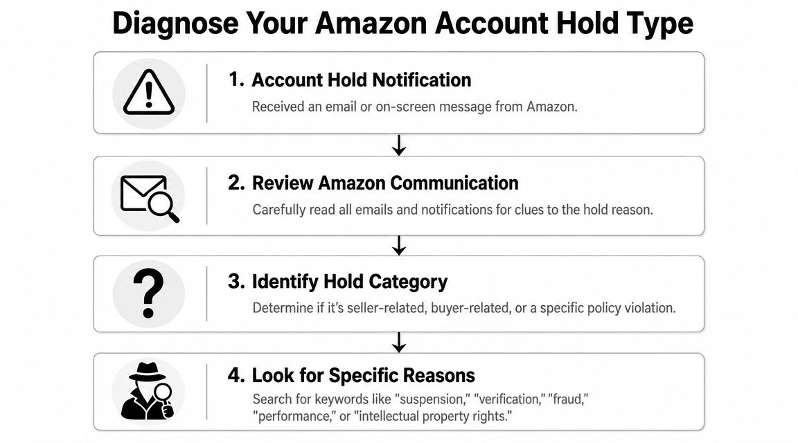 A flowchart showing four steps to diagnose an Amazon account hold, including notification, review, categorization, and identification.