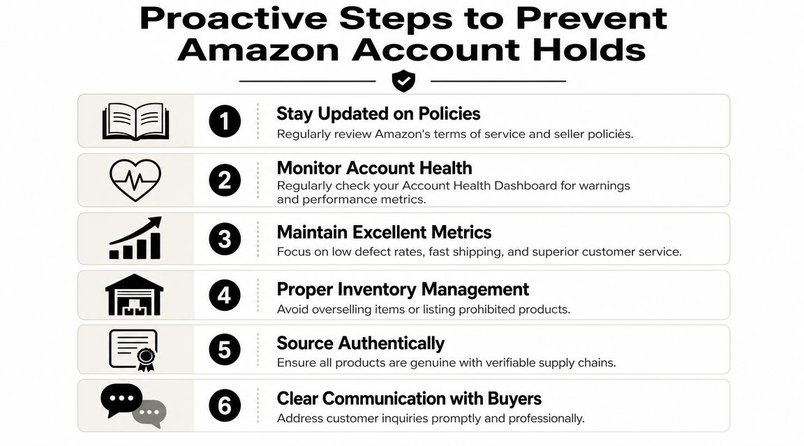An infographic showing six proactive steps for Amazon sellers to prevent account holds and maintain account health.