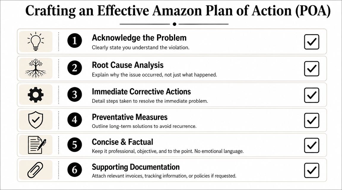 An infographic detailing the six essential steps for creating an effective Amazon Plan of Action.