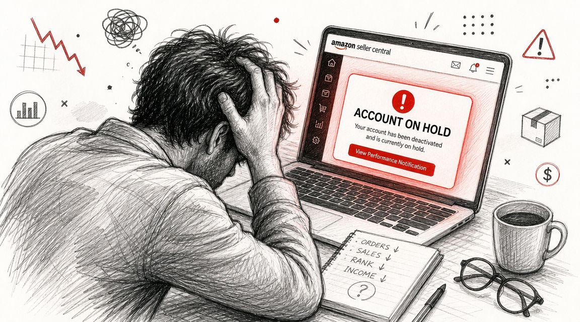 A stressed Amazon seller sitting at a laptop showing an account on hold notification on the screen.