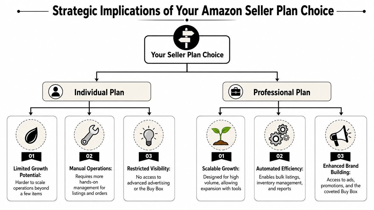 A strategic diagram comparing the benefits and limitations of Amazon Individual versus Professional seller plans.