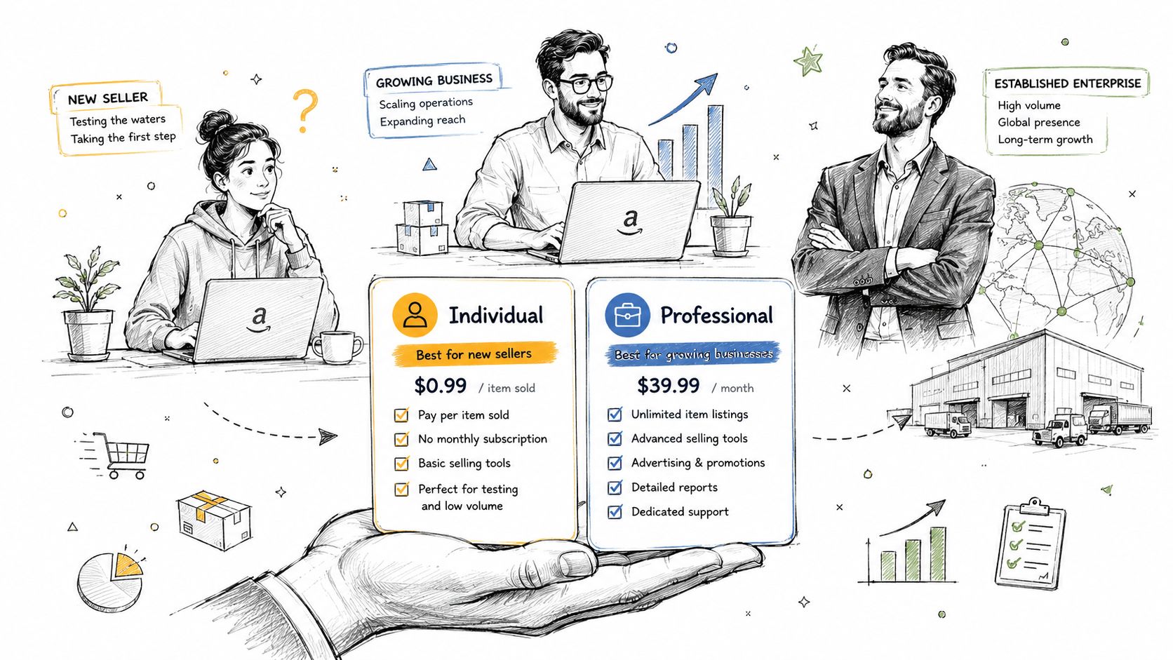 A hand holding two Amazon selling plan options, individual and professional, with illustrations of business owners.