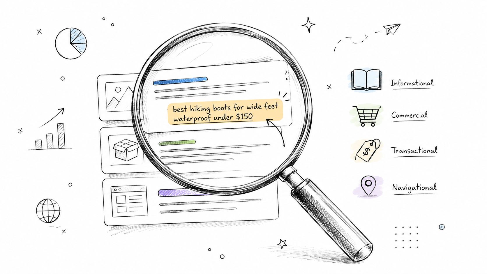 A magnifying glass focusing on a search query about waterproof hiking boots, illustrating search intent categories.