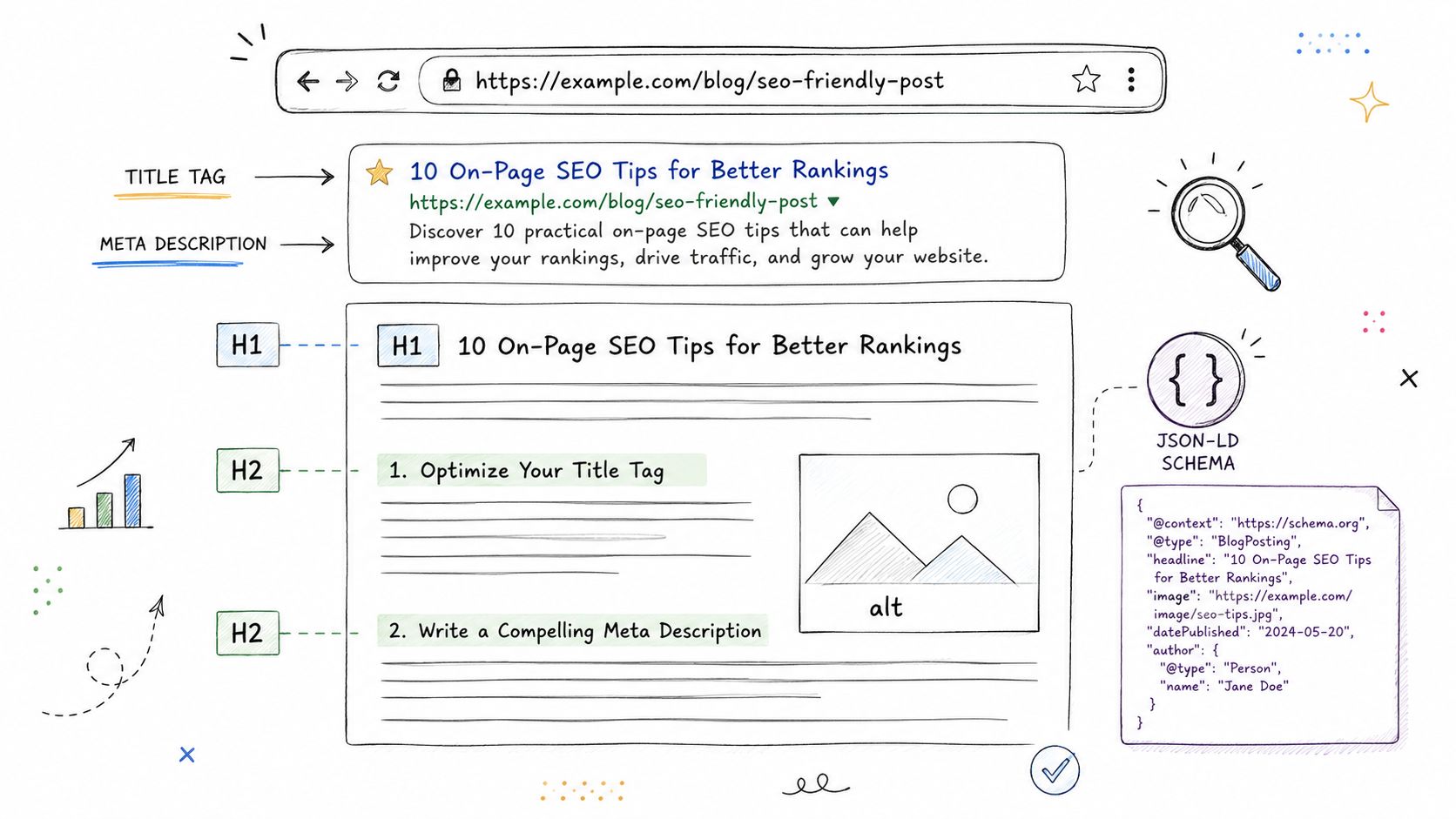 A hand-drawn illustration showing on-page SEO components like title tags, meta descriptions, headings, and JSON-LD structured data.