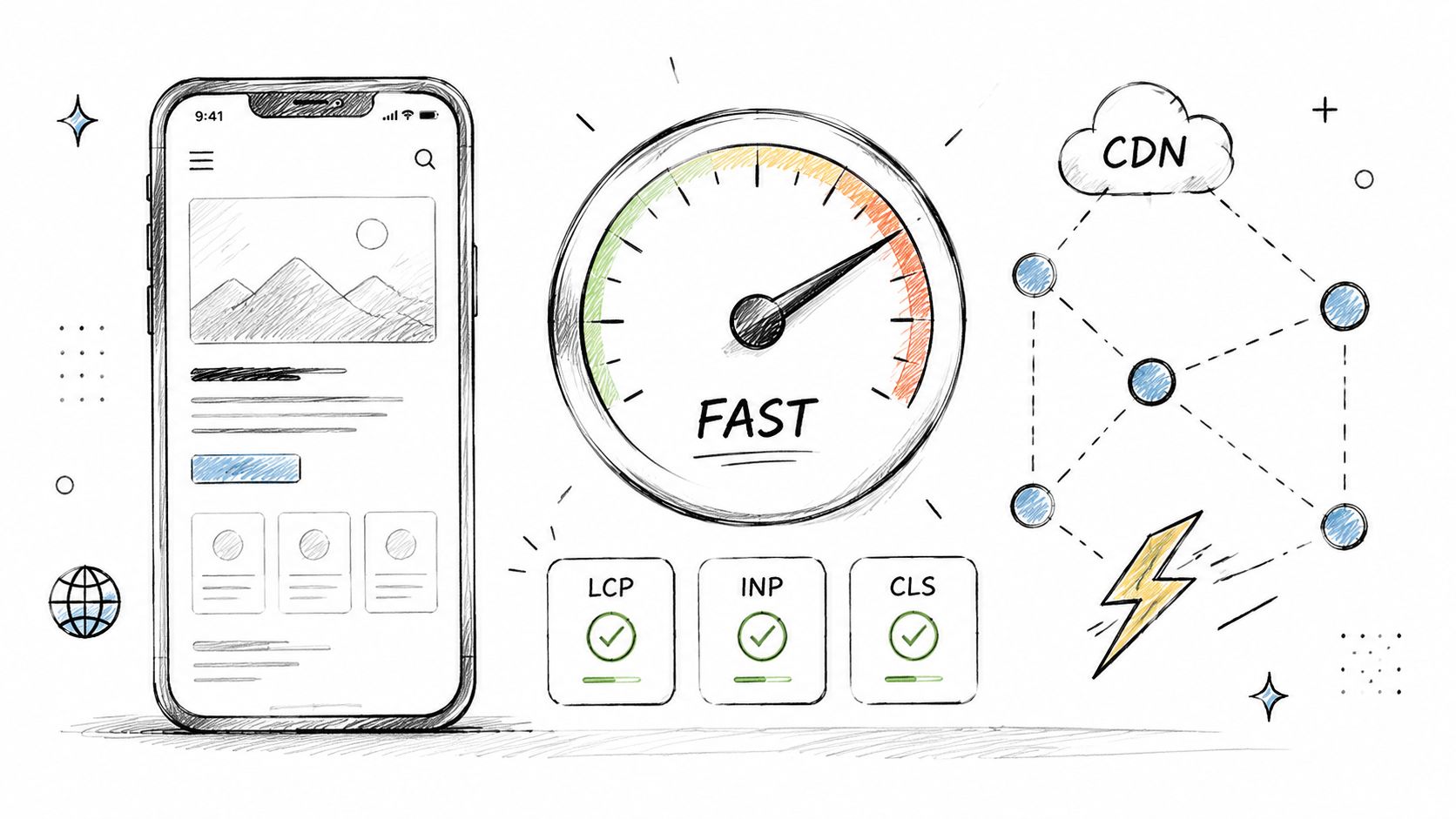 A hand-drawn illustration showing a mobile phone interface, a speed gauge, and a CDN network diagram.
