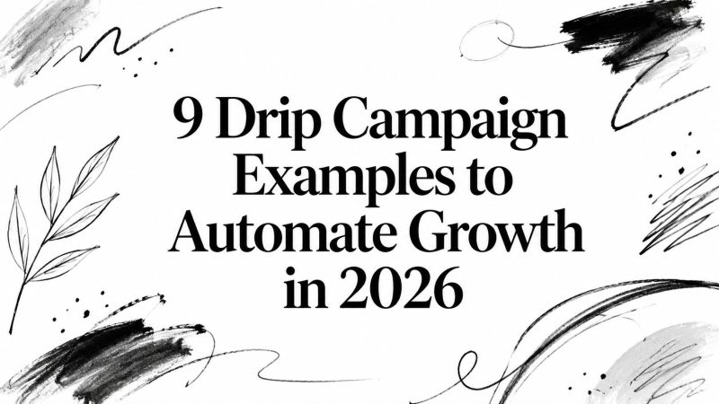 drip-campaign-examples-automation-growth - EntreResource.com Article title card: '9 Drip Campaign Examples to Automate Growth in 2026' with black brush strokes and doodles around it (decorative header).
