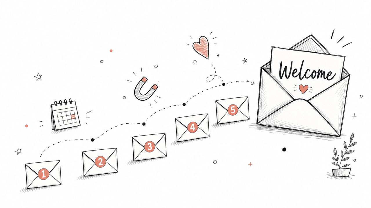 A hand-drawn illustration depicting a sequence of five numbered emails leading to a welcome email message.