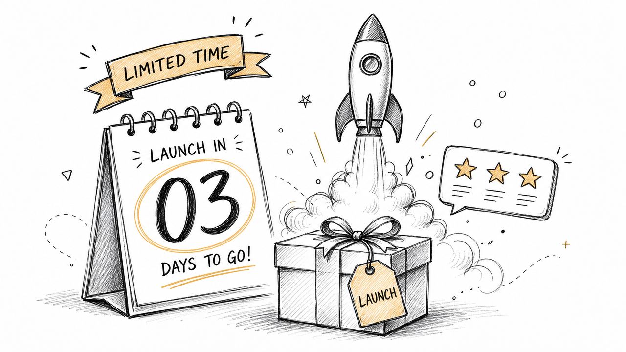 A hand-drawn illustration featuring a calendar showing three days until a product launch event.