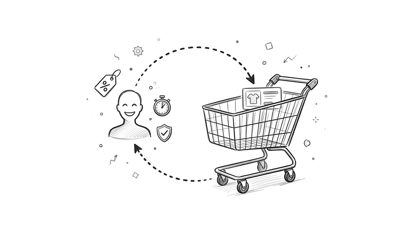 A hand-drawn illustration showing a happy customer interacting with an online shopping cart and sales icons.