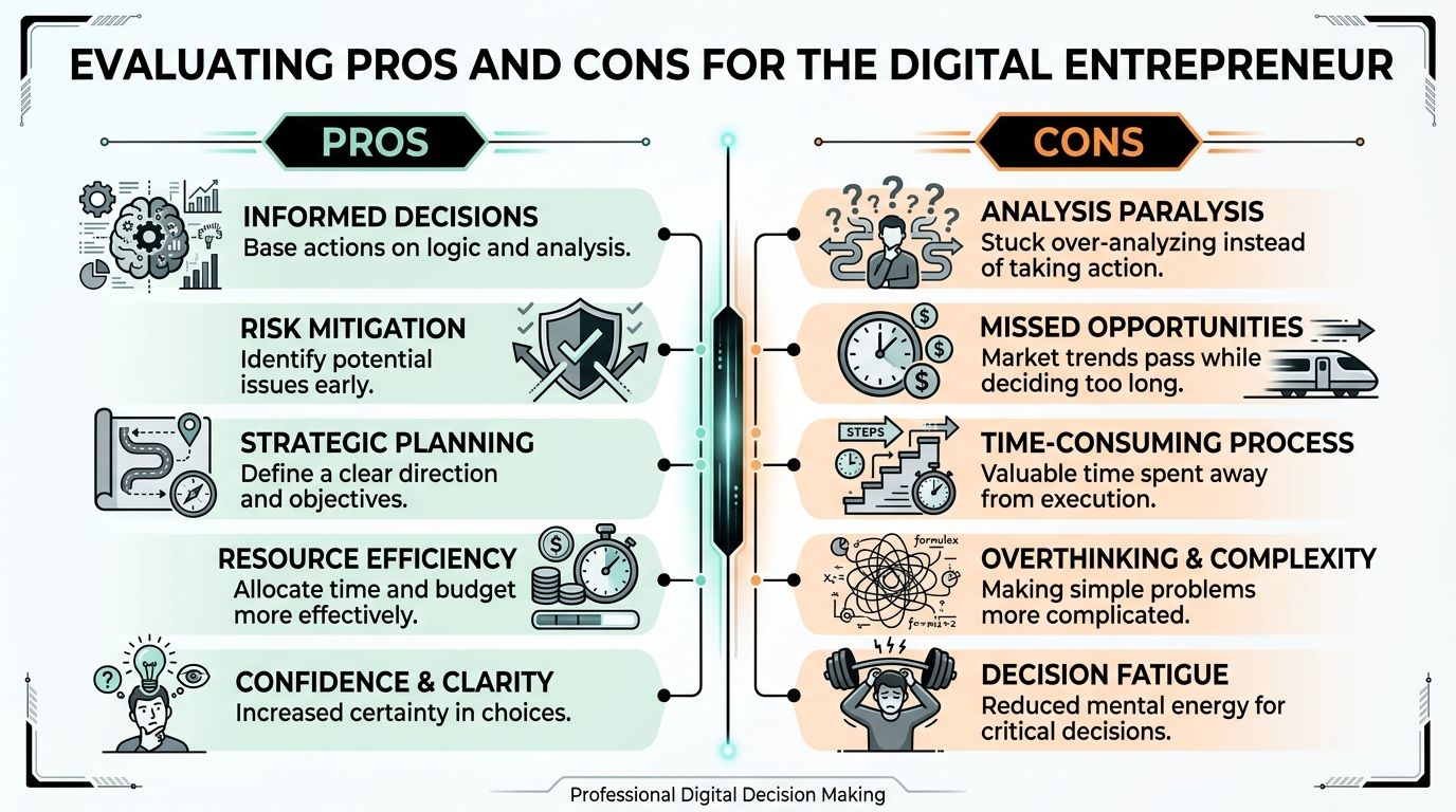 A comparison chart showing the pros and cons of decision-making processes for digital entrepreneurs.