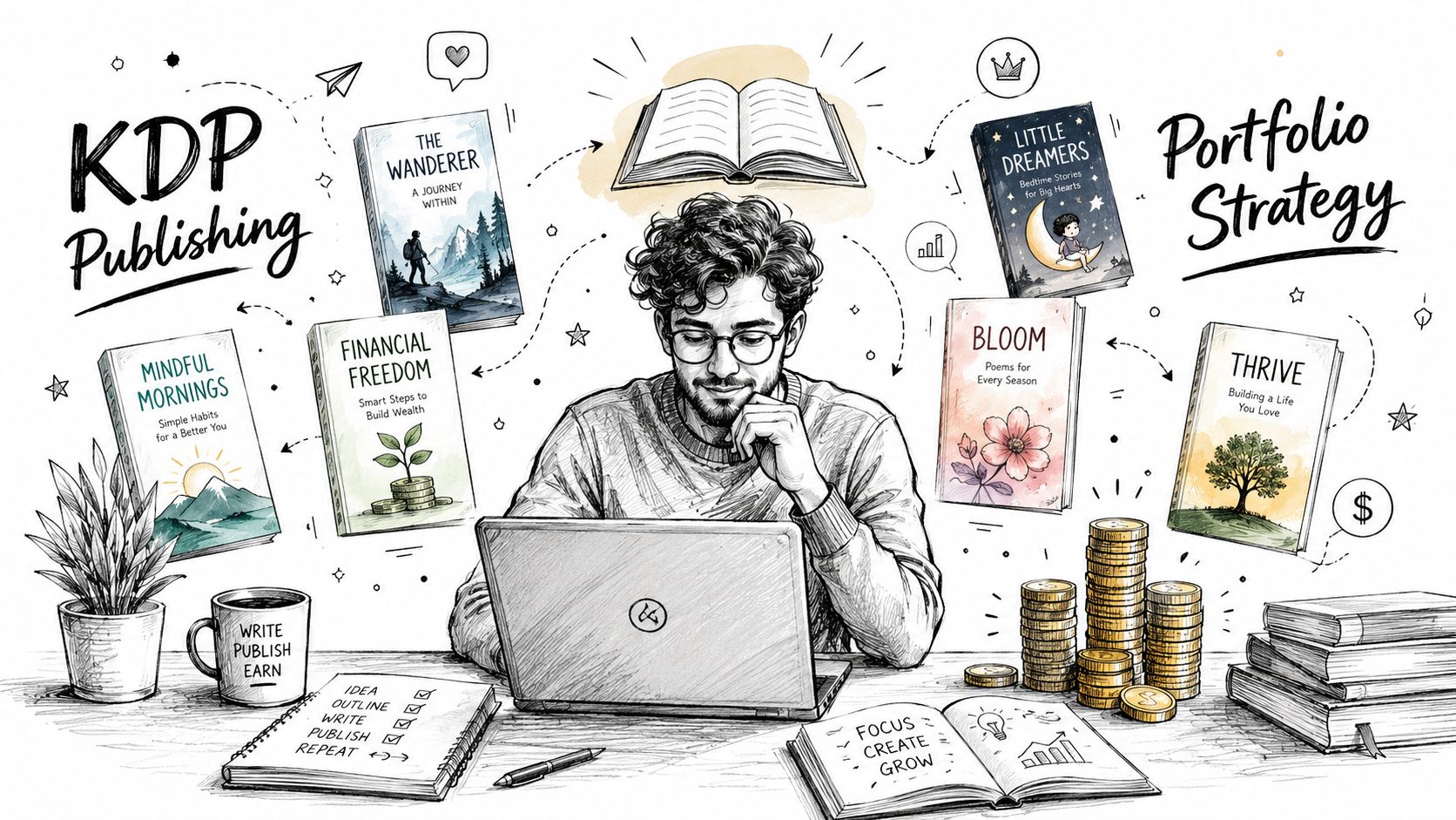 A digital artist sketching a diverse portfolio of books for KDP publishing on a laptop workspace.