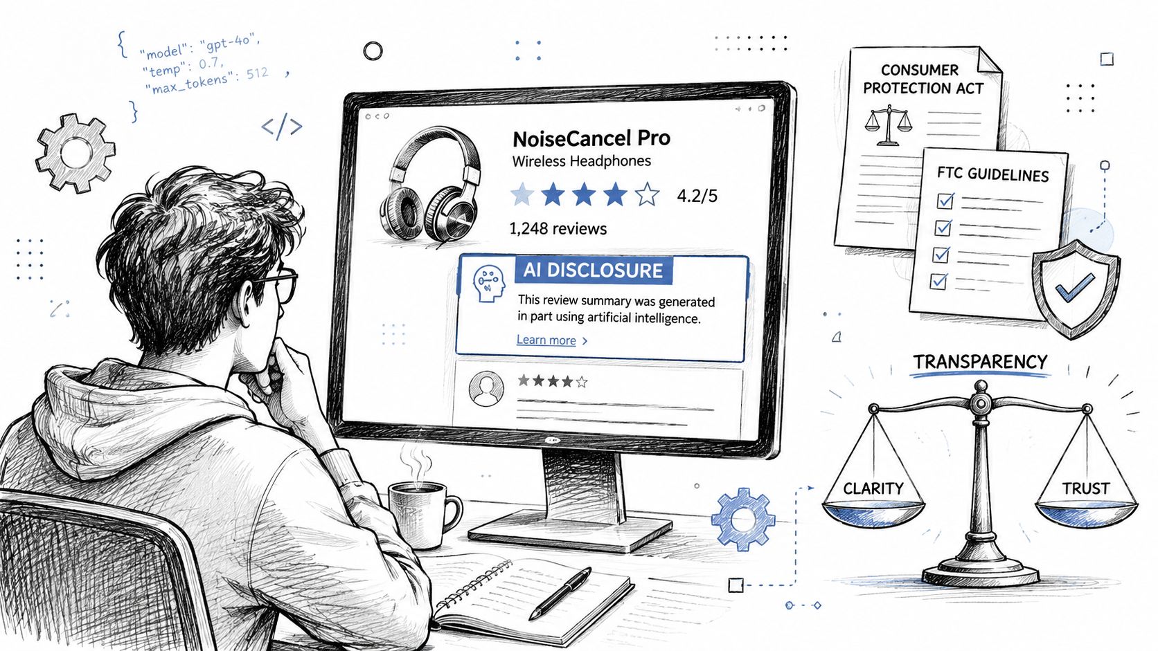 A person looking at a computer screen showing AI-generated product review disclosures and transparency symbols.