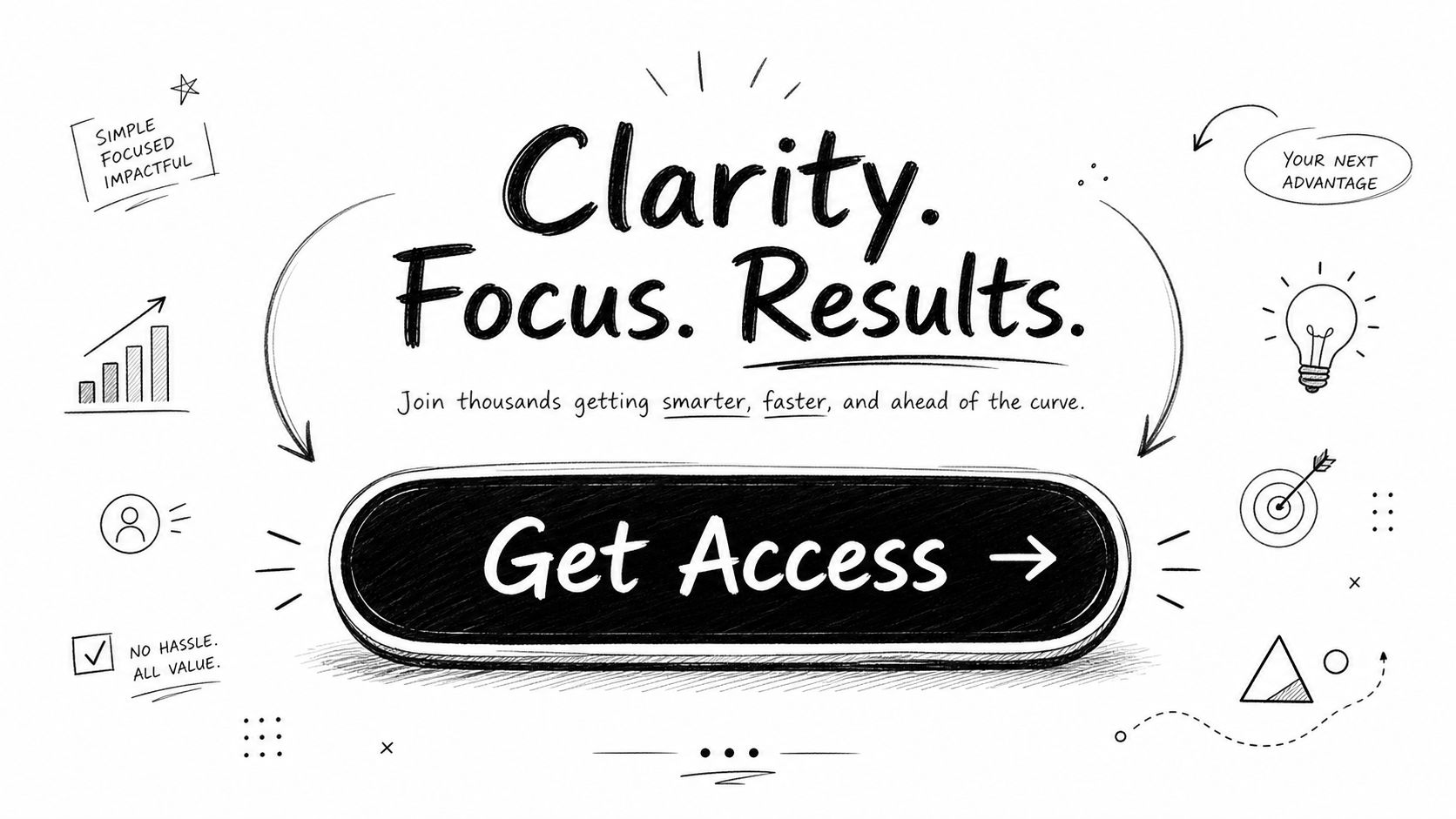 A hand-drawn sketch promoting a landing page with text reading Clarity, Focus, Results, and Get Access button.