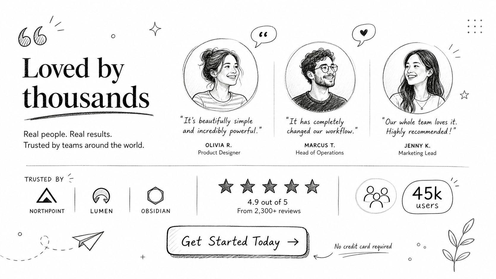 A hand-drawn style marketing landing page showcasing testimonials, user trust signals, and a clear call-to-action button.