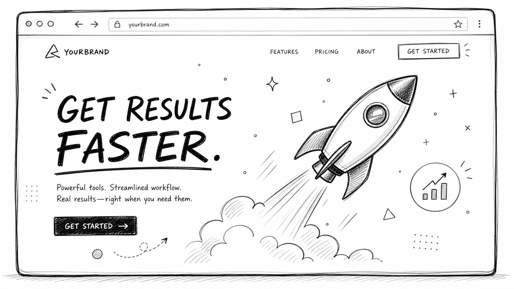 A hand-drawn sketch of a website landing page featuring a rocket taking off for speed concept.