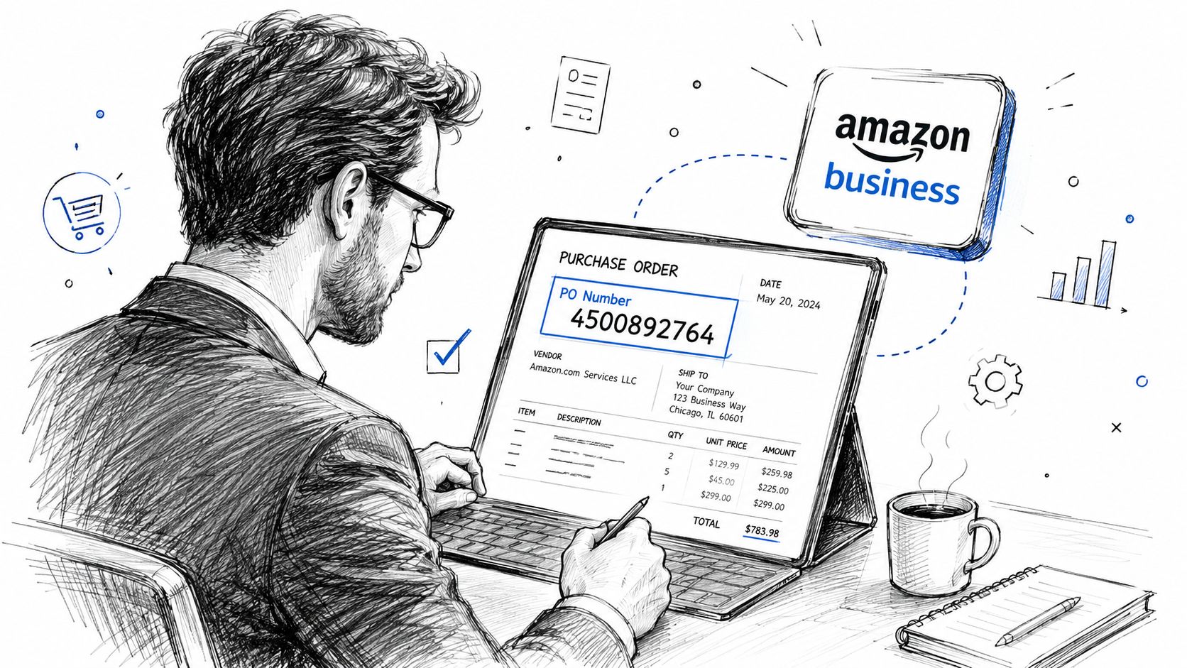 A professional man at a desk working on an Amazon Business purchase order on a tablet.